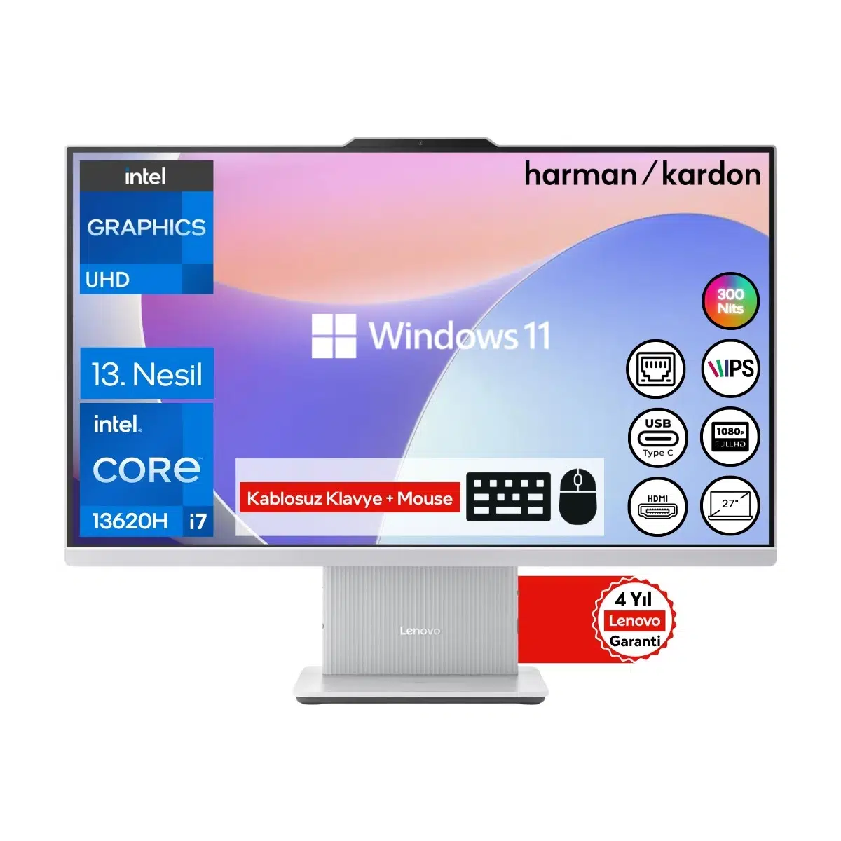Ideacentre Aıo 27IRH9 İ7-13620H 24GB Ram 1tb SSD 27" Fhd IPS W11 F0HM00VJTR Kablosuz Klavye+Mouse Beyaz All In One Bilgisayar