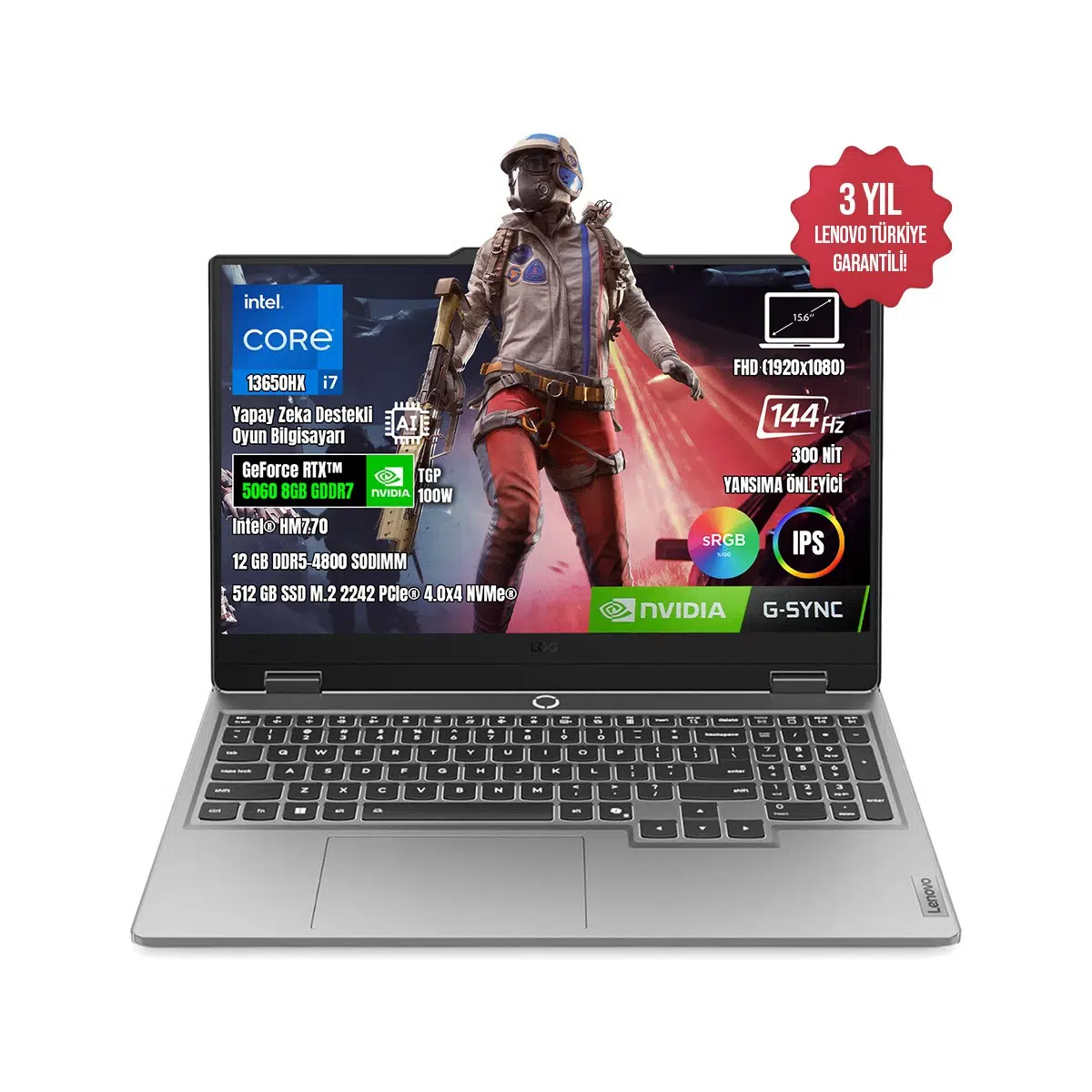 Loq 15IRX10 83JE00ETTR I7-13650HX 12GB Ddr5 512GB SSD RTX5060-8GB 15.6" IPS 144Hz Dos