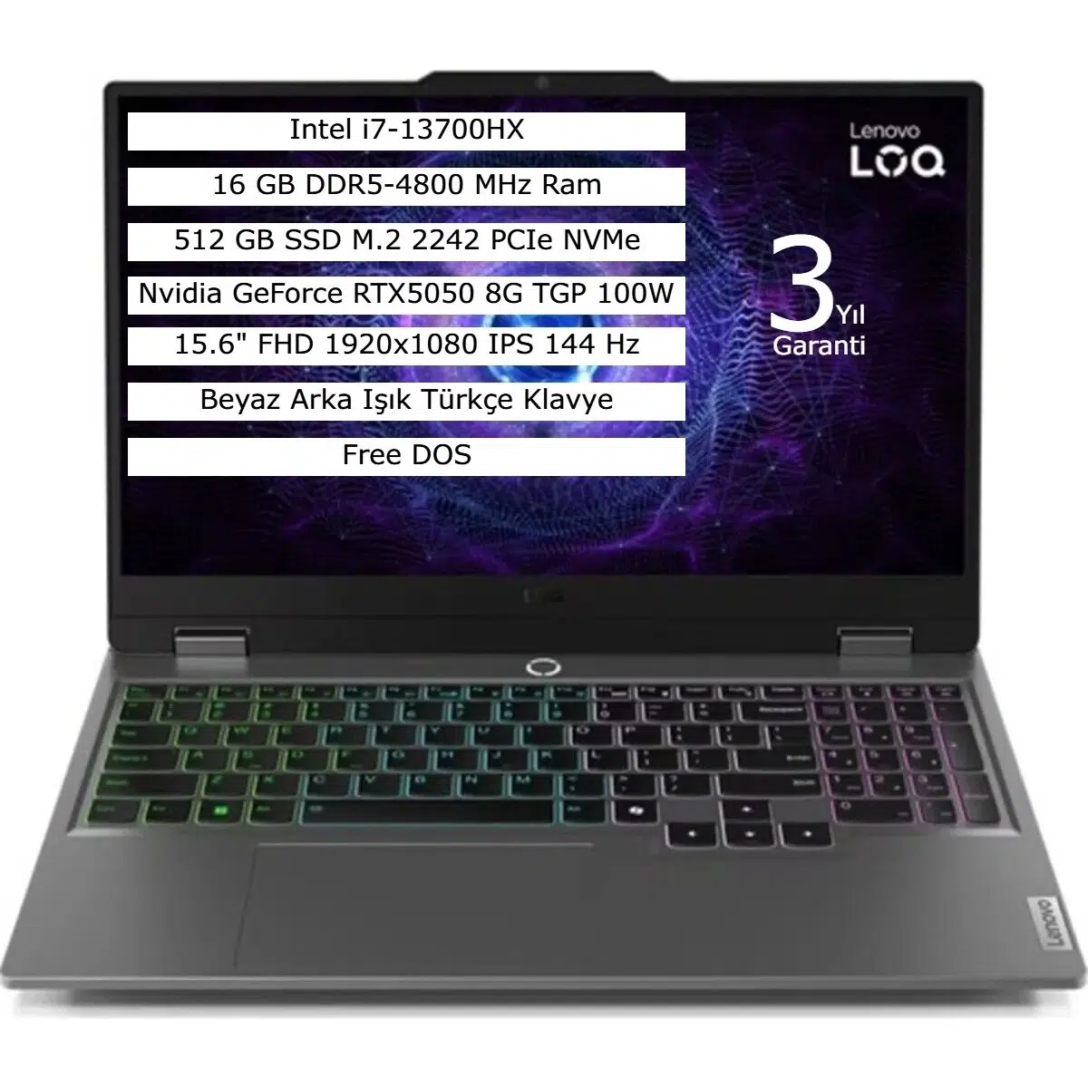 Loq 15IRX10 Intel Core I7-13700HX 16GB 512GB SSD 8gb RTX5050 Freedos 15.6" Fhd Taşınabilir Bilgisayar 83JE00KMTR