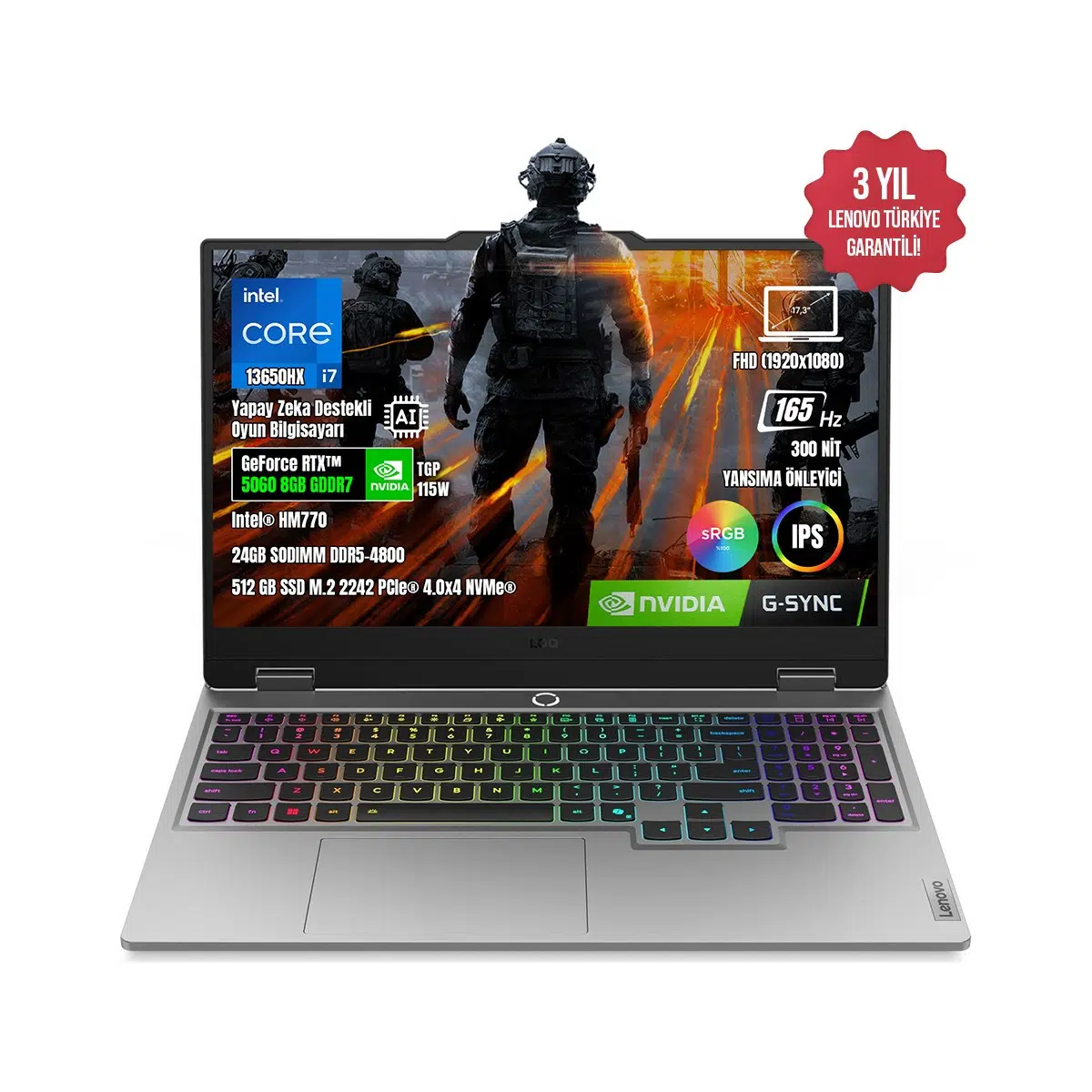 Loq 17IRX10 83JH006ETR I7-13650HX 24GB Ddr5 512GB SSD RTX5060 8gb 17.3" IPS 165Hz Freedos Taşınabilir Bilgisayar