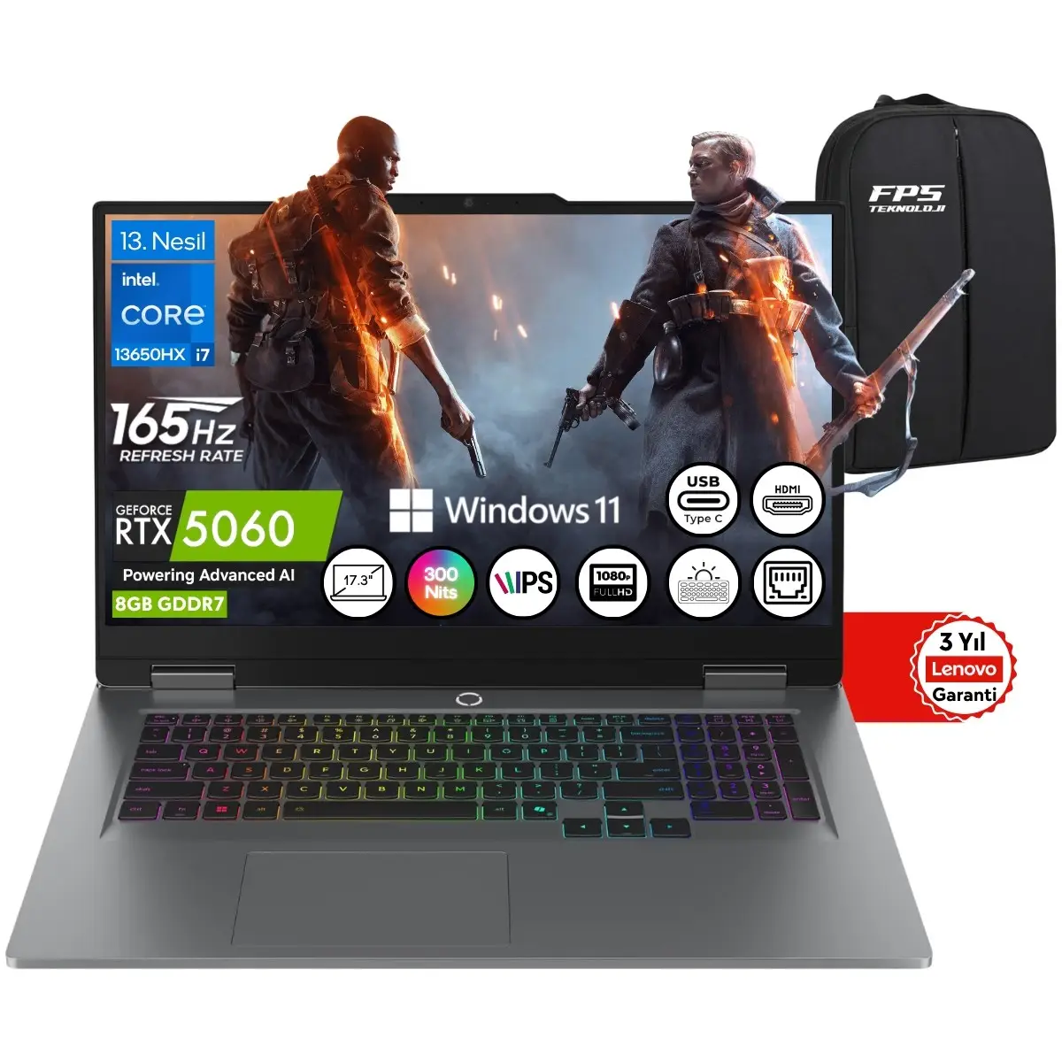 Loq 17IRX10 I7-13650HX RTX5060 32GB Ram 1tb SSD 17.3" Fhd IPS 165Hz W11 83JH006ETR Taşınabilir Bilgisayar