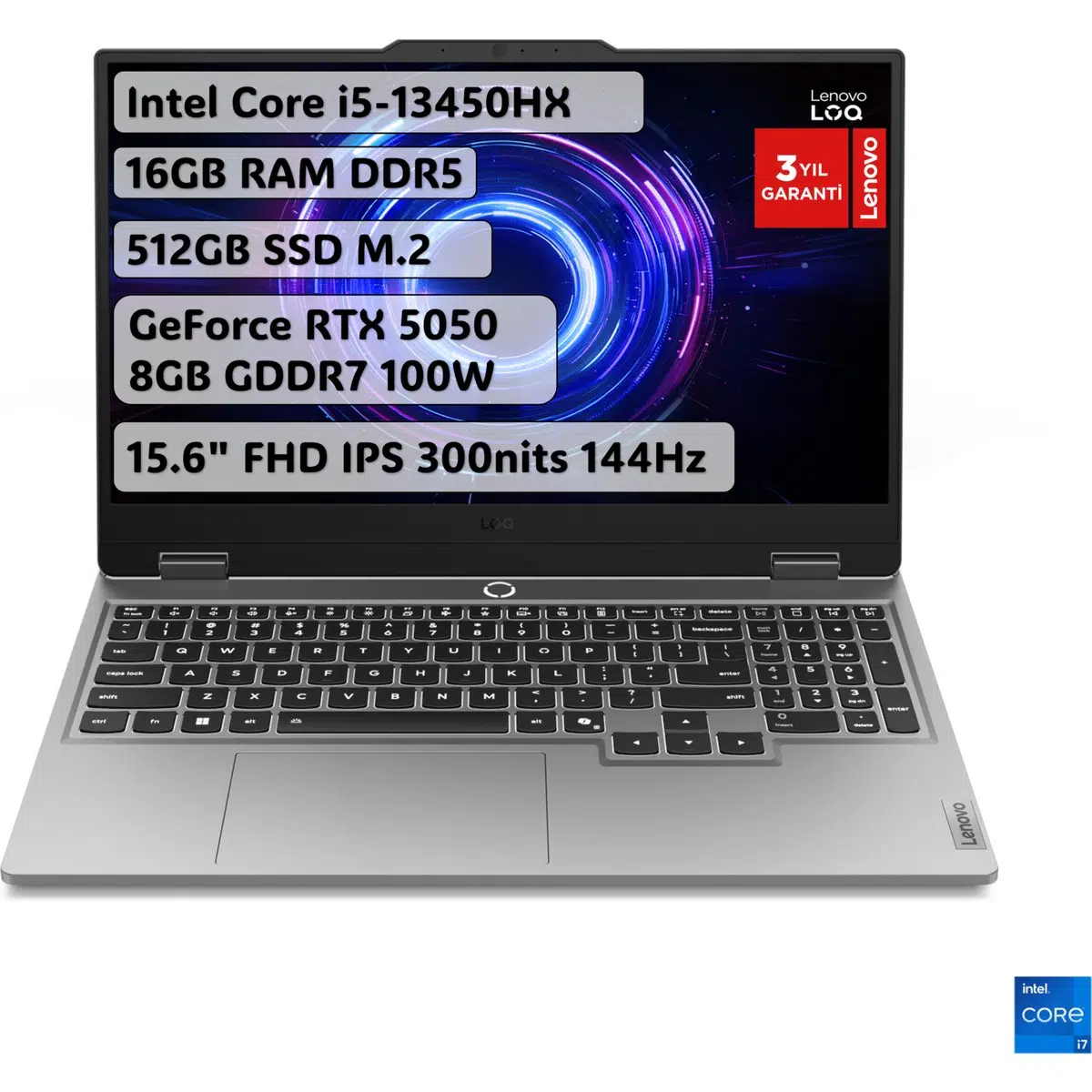 LOQ Intel Core i5 13450HX 16GB 512GB SSD RTX5050 Freedos 15.6" FHD 144Hz Taşınabilir Bilgisayar 83JE00JLTR