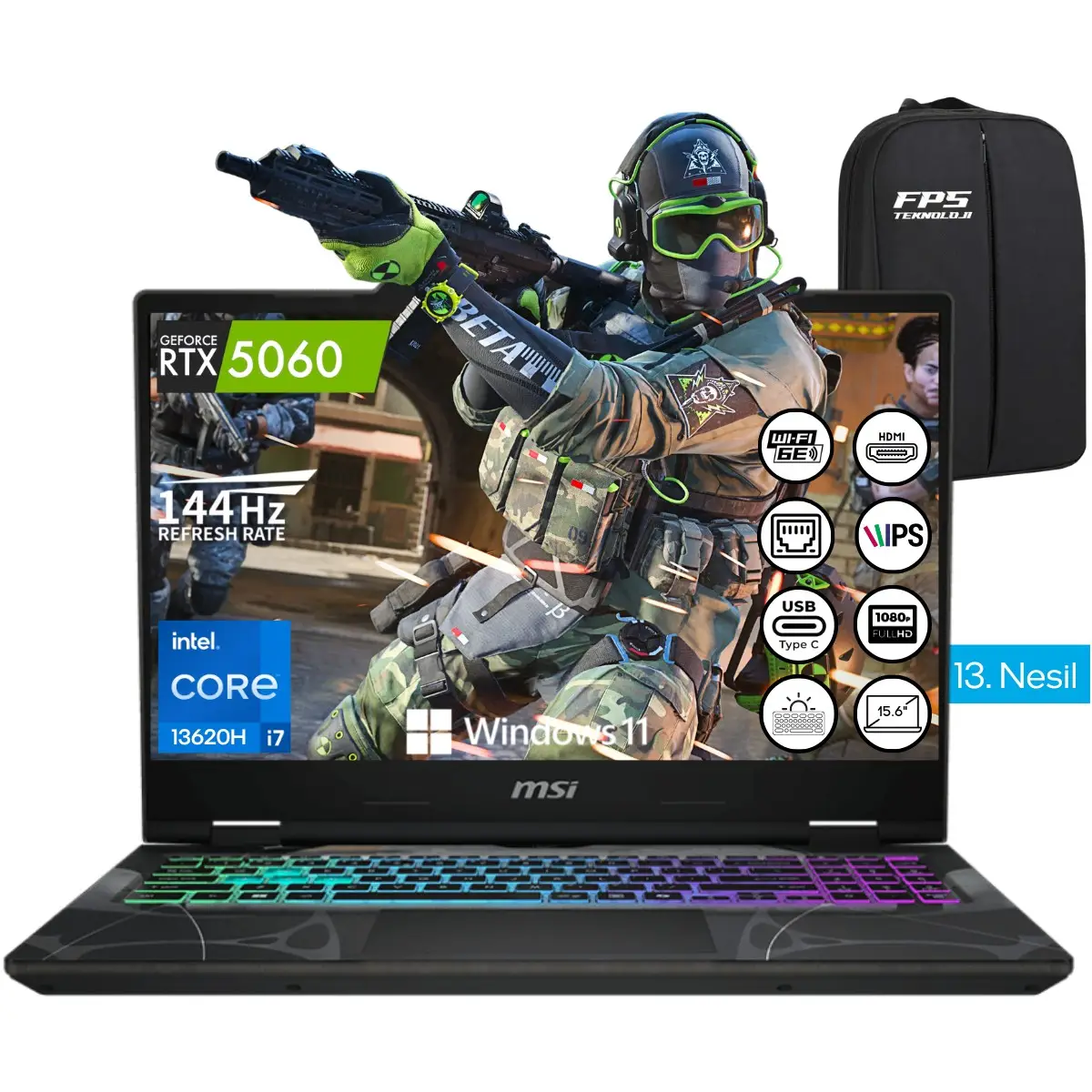 Msı Cyborg 15 B13WFKG-490XTR İ7-13620H RTX5060 64GB Ram 2tb SSD 15.6" Fhd IPS 144Hz W11 Taşınabilir Bilgisayar