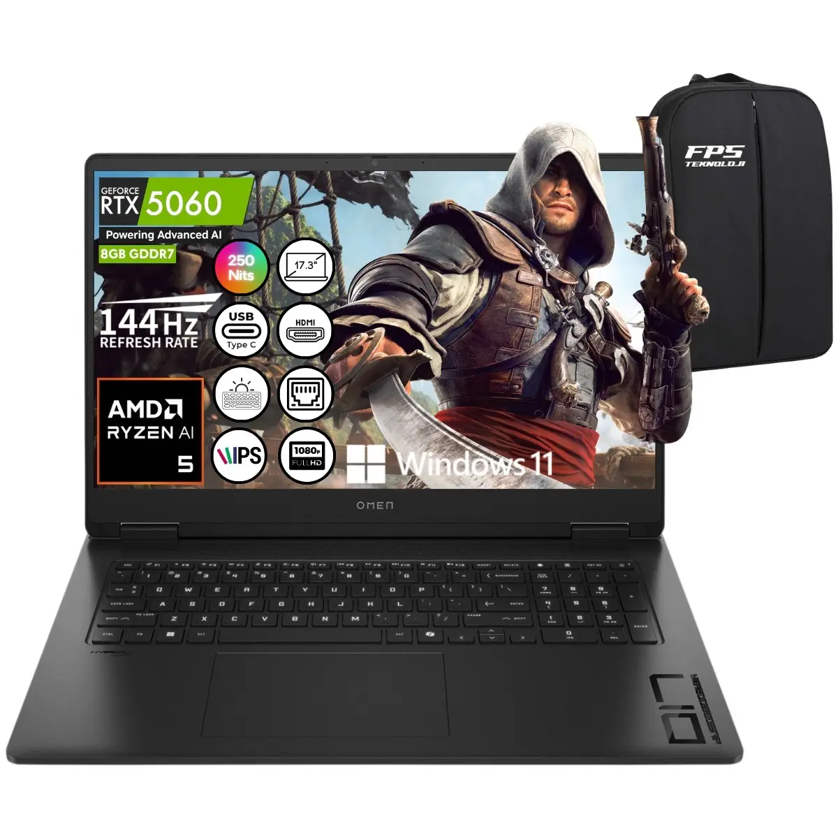 Omen 17-DB1017NT Ryzen Aı 5 340 RTX5060 24GB Ram 4tb SSD 17.3" Fhd IPS 144Hz W11 C2EZ7EA Taşınabilir Bilgisayar